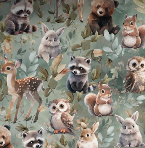 Baumwolle Baumwollstoff Patchwork Waldtiere Hase Rehkitz Fuchs Eule Grün - Bild 4 von 5