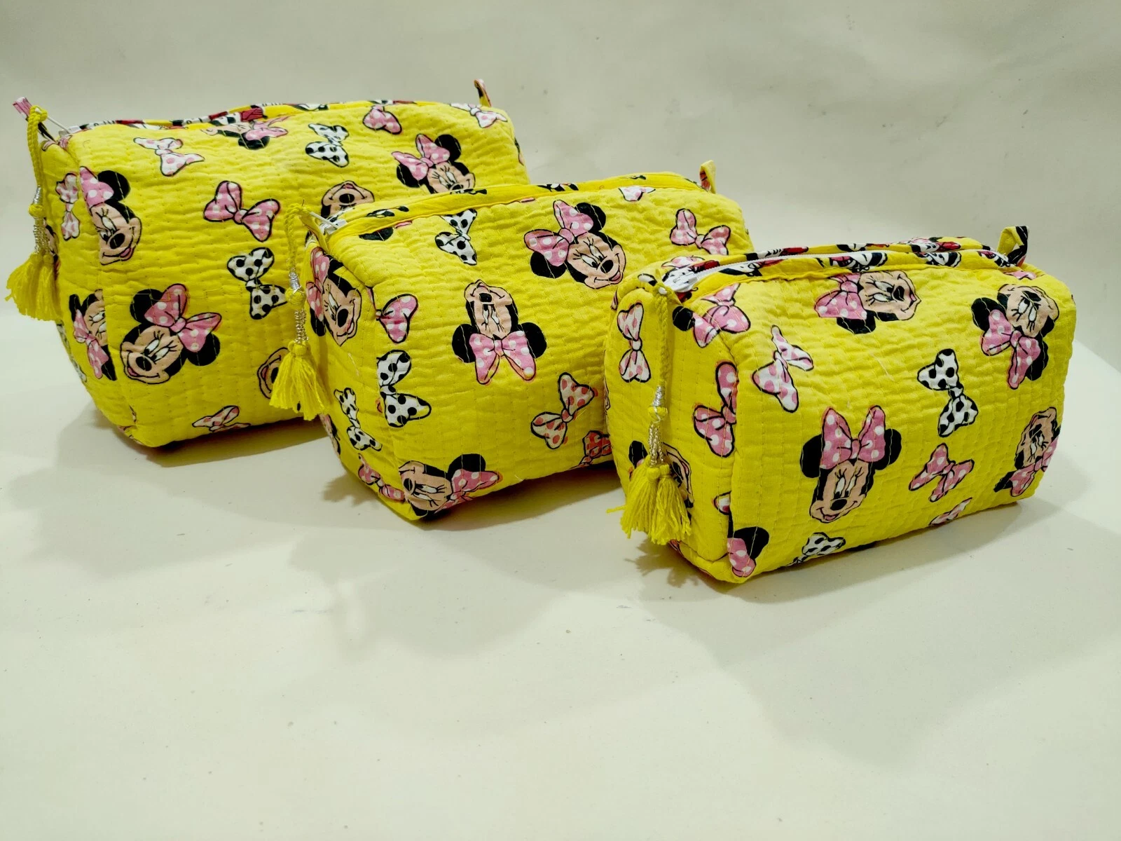 Indian Yellow Butterfly Quilted Toiletry Bag Cotton Unisex Makeup Bags 3 Pcs Set