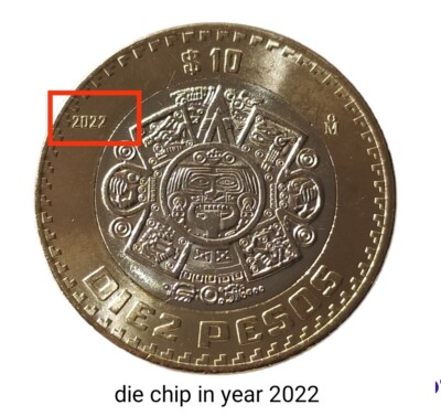 $10 Pesos Mexico 2022 with Die Chip Error in anverse and reverse BU condition
