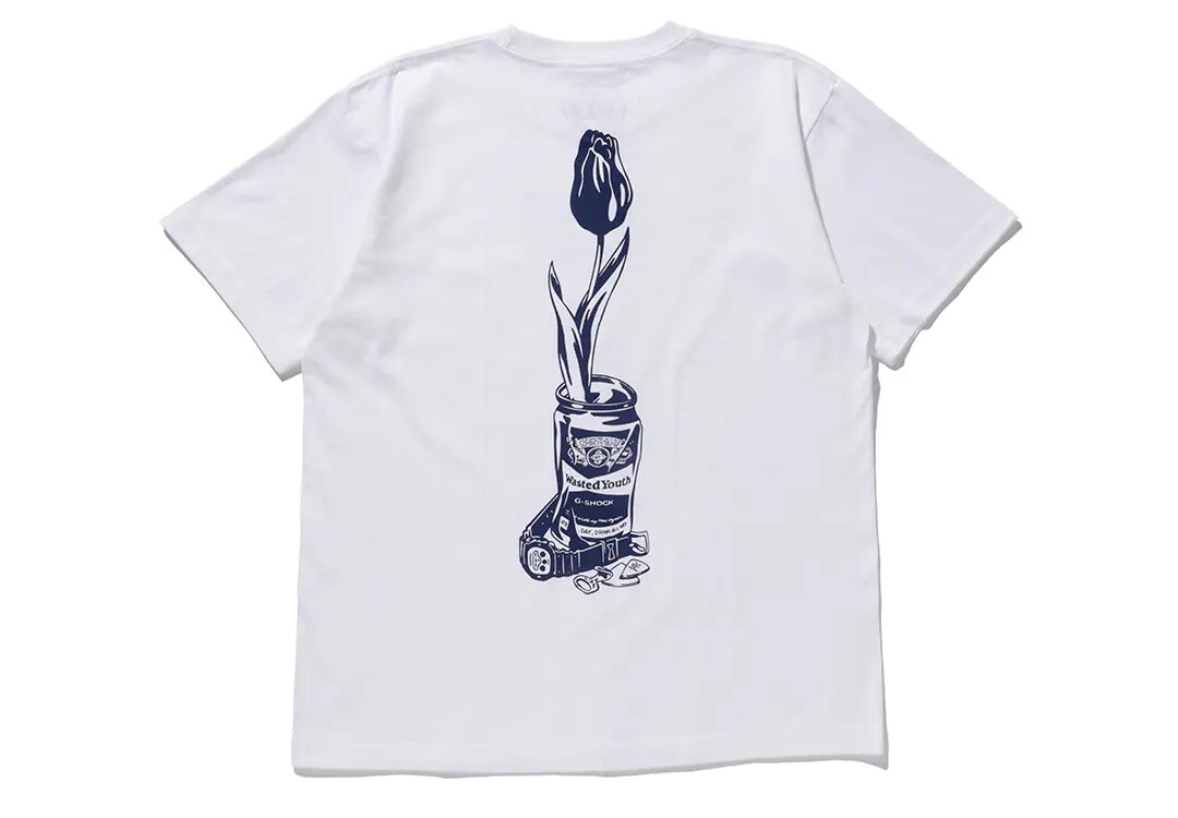 Wasted Youth x G-SHOCK Collaboration printed T-shirt White Tulip Watch Beer  Can