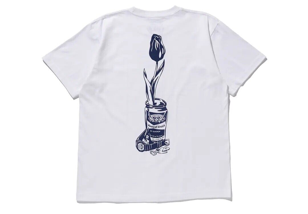 Wasted Youth x G-SHOCK Collaboration printed T-shirt White Tulip Watch Beer  Can