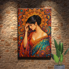 Retro Woman Painting Floral Abstract Pattern Framed Canvas Wall Art