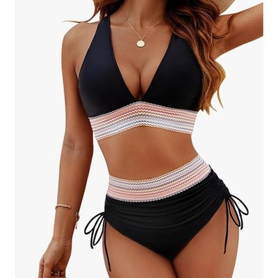 Blooming Jelly Black High Waisted Bikini Set Multi Color Trim Lace Up Sides L