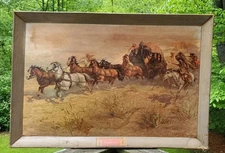 Vintage 1952 Budweiser Cardboard Litho Print - Attack On The Overland Stage 1860