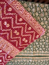 Kantha Handmade Red and Green Blanket Throw Bedding Indian Cotton 84X53