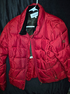Calvin Klein Women's Petite PM Red Short Puffer Jacket Full Zip Quilted Down