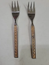 2 Small 5 3/4" Rostfrei Gold Accent Seafood Fork MCM Square