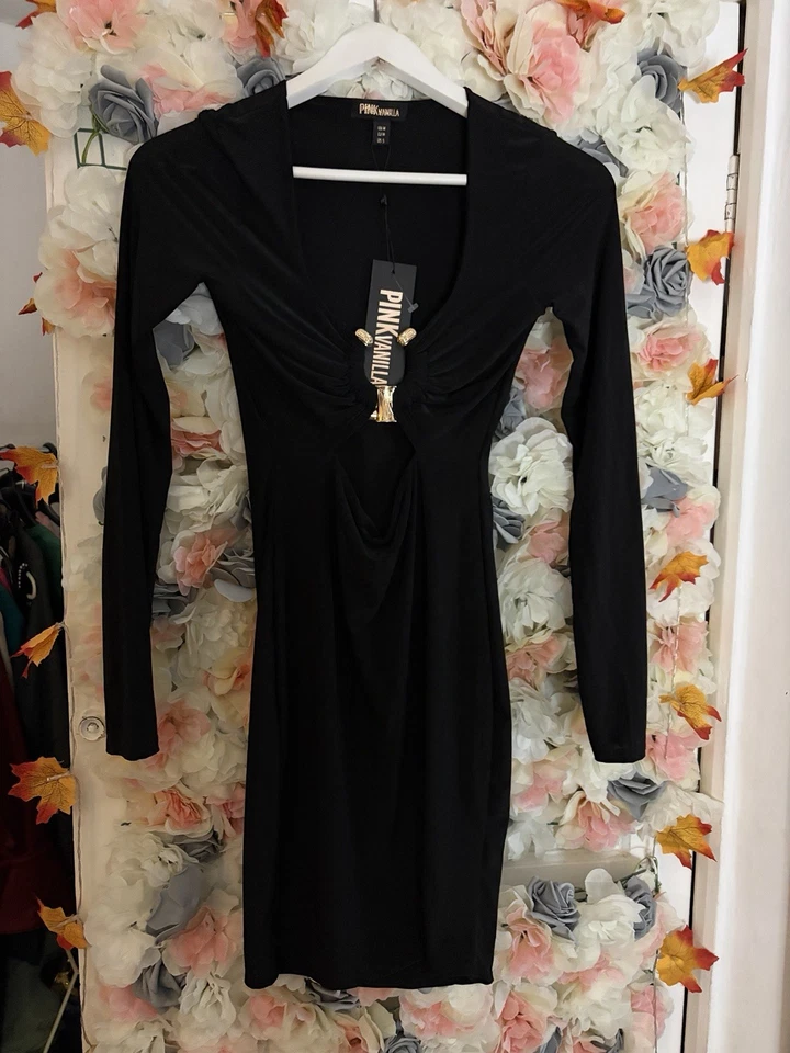 Pink Vanilla Gold Trim Slinky Cut Out Dress Size m New With Tags - Imagen 1 de 4