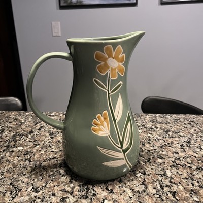 Kenzie Kae Green Hand Painted Stoneware Pitcher w/ Wax Relief Flowers