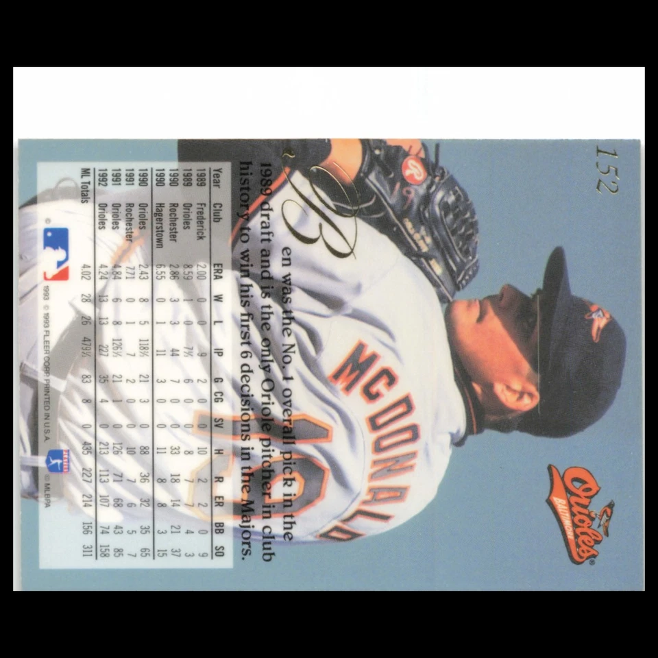 Ben McDonald #152 1993 Flair Baltimore Orioles Baseball Card MLB NM - Image 2 of 3