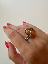 Vintage Modernist Large Amber Sterling Silver Ring Size 7