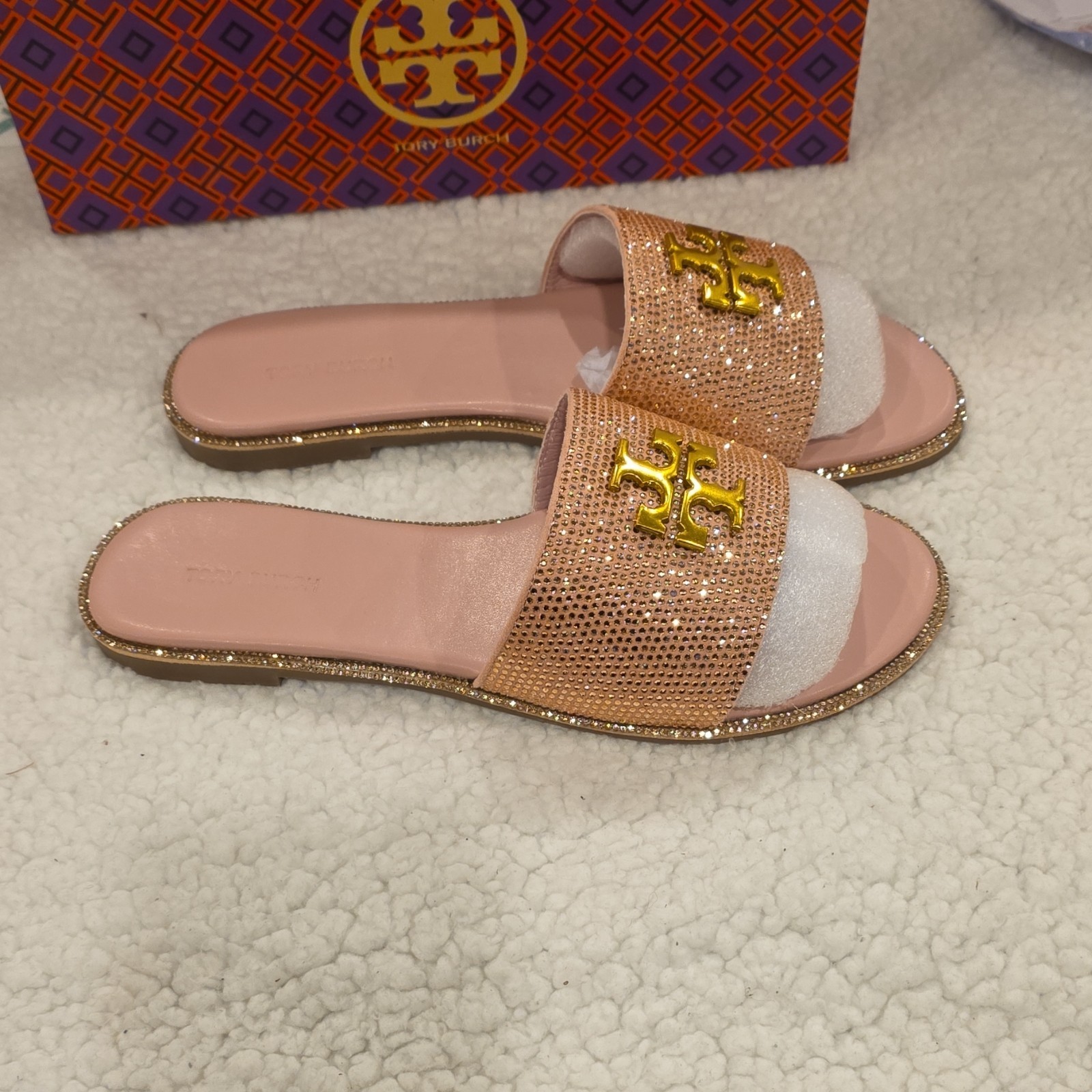 Tory Burch Pink Gold Beaded Logo Slide Sandals Women's Solid Pattern Slip On thumbnail 3