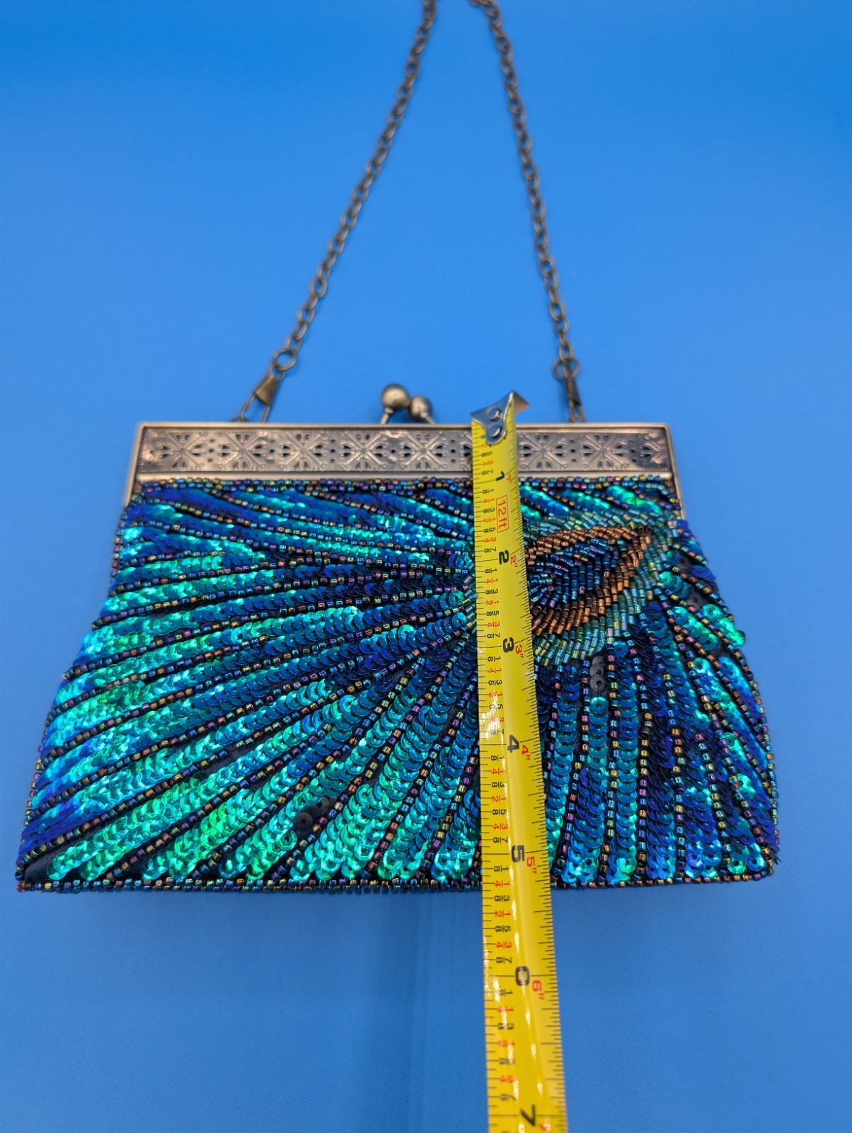 Peacock Feather Pattern Bead & Sequen Evening Bag… - image 6