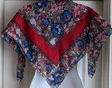 Silk Scarf Red Border Blue Pink Floral 30" Square