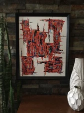 Mid Century Modern Abstract Art Acrylic Painting Yellow Blue Orange