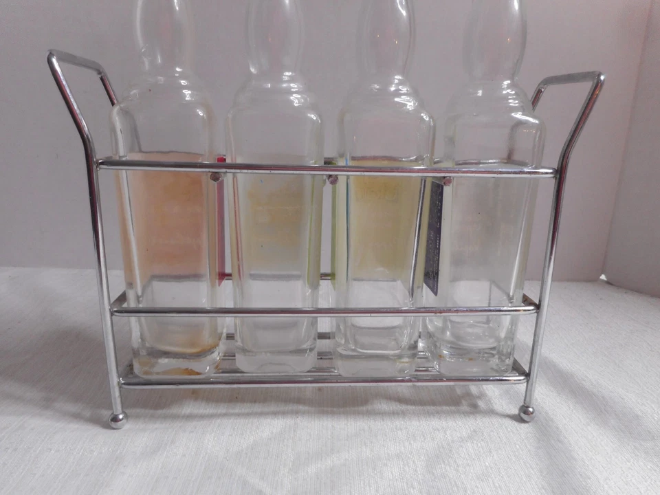 Coffee Bar 4 Empty Flavoring Bottles 3.4oz Size W 4 Section Metal Rack 8"x2"    - Image 4 of 4