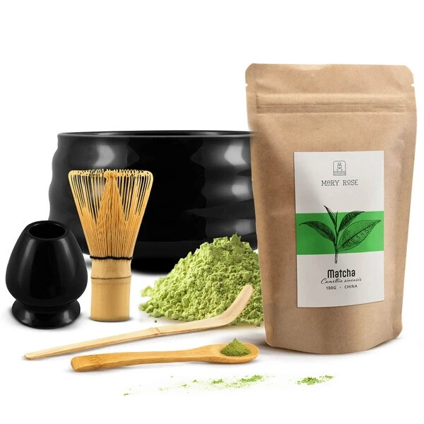 Juego de té Matcha polvo calidad 100 g bambú escoba cuchara cuenco negro 500 ml
