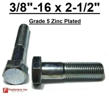 3/8-16 x 2-1/2" (PT) Hex Bolt Zinc Plated Grade 5 Cap Screw Coarse Thread