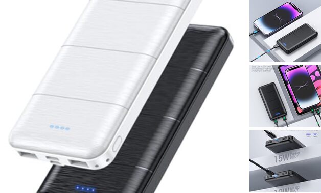 15000mAh Dual USB Portable Charger Power Bank 2-Pack in Black & White  -image