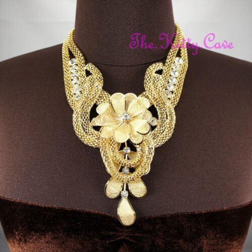 Chunky Gold Deco Metal Lace Floral Flower Mesh Crystal Collar Statement Necklace - Afbeelding 1 van 6
