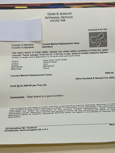 Strand Fresh Water Cultured Real Pearls 18kGold 11 mm Appraisal Certificate $995 - Picture 7 of 9
