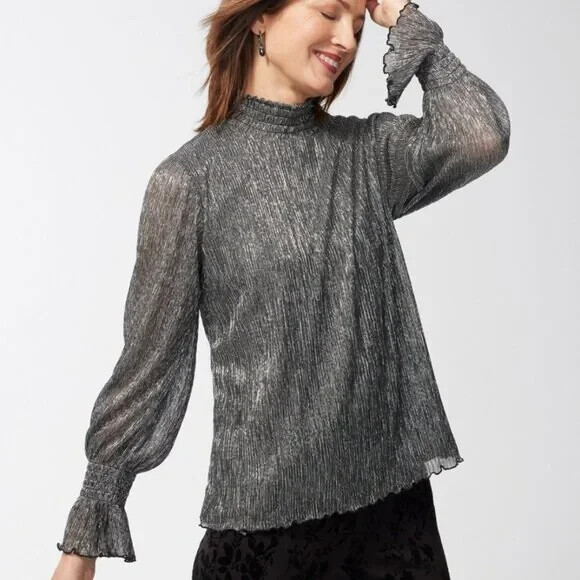 NWT Chico’s Mock Neck Metallic Crinkle Top Women’s Smocked Bell Sleeve Silver 4
