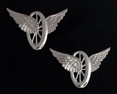 Motorcycle Wheel with Wings Insignia Metal Silver Finish (Pair)