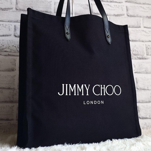 Jimmy Choo Logo Studs Tote Bag Black Canvas Leather Unisex A4 Storage