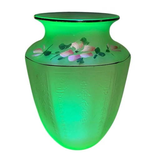 Vintage Uranium Glass Vase Hand Painted Floral Egyptian Revival 8”
