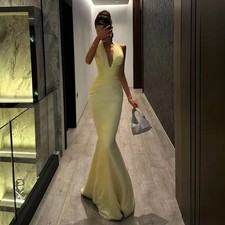 Light Yellow Sexy Mermaid Evening Dresses Arabia Halter Neck Cocktail Prom Gowns