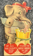 Vintage Valentine Card Elephant Washing Dishes Mechanical Made in USA