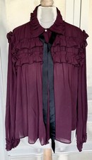 Zara Basic Top Blouse Shirt Size XS Burgundy Wine Ruffle Front/Cuffs Black Ties 