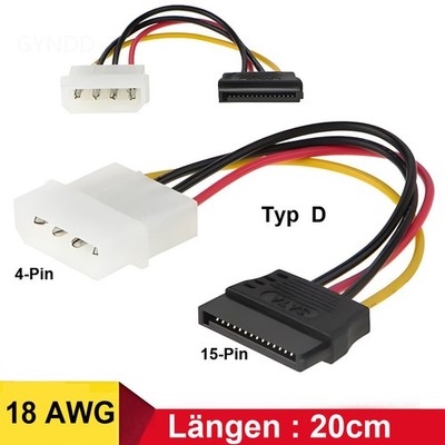 20cm IDE auf SATA Stromkabel /Adapter 4Pin Molex zu 15Pin SATA Gehäuse-Netzkabel