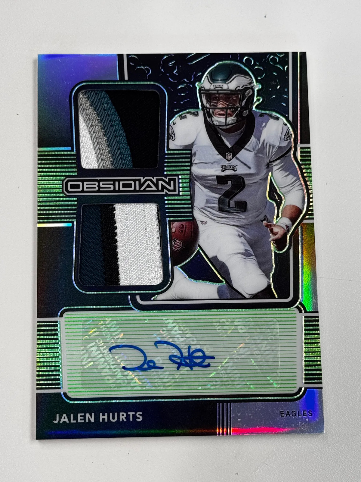 2020 Panini Obsidian Jalen Hurts #RJI-22 Rookie Dual Patch Auto Green #17/50
