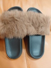 Women's Brown Faux Fur Slide Slippers Open Toe Slip On Fur Trim Size 7