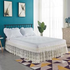 Lace Trimmed Elastic Bed Wrap, Easy Fit Dust Ruffle Bedskirt, White Beige,