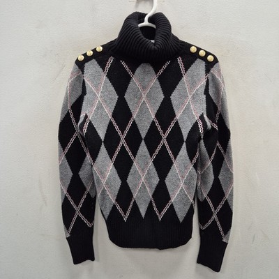 Holland Cooper Heritage schwarzer Argyle Rollkragen goldene Knöpfe Strickpullover Small