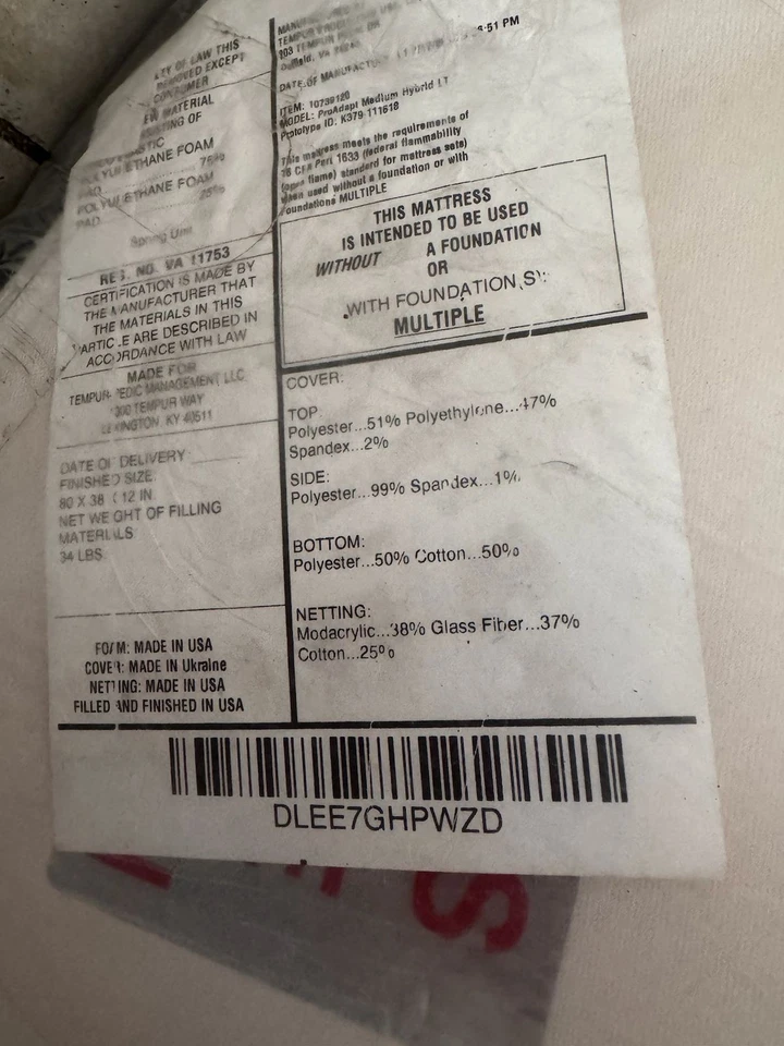 Tempur-pedic mattress Pro Adapt Medium Hybrid Techn Twin XL/Split K ex-display. - Image 4 of 4