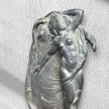 Antique Art Nouveau Lady Maiden Mermaid Pewter Tray Metal Ornate