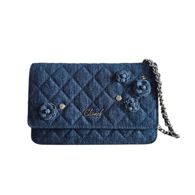 Chanel Blue Quilted Denim Camellia Wallet On Chain