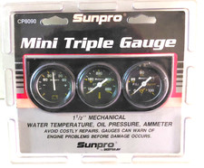 Sun Pro Mini Triple Gauge Pack Resto Hot Rod Muscle Car Black 1.5 Water Oil Amp