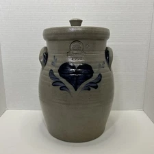 Rowe Pottery Works Cobalt Heart Salt Glaze 12" Lidded Lg Crock Canister 1992