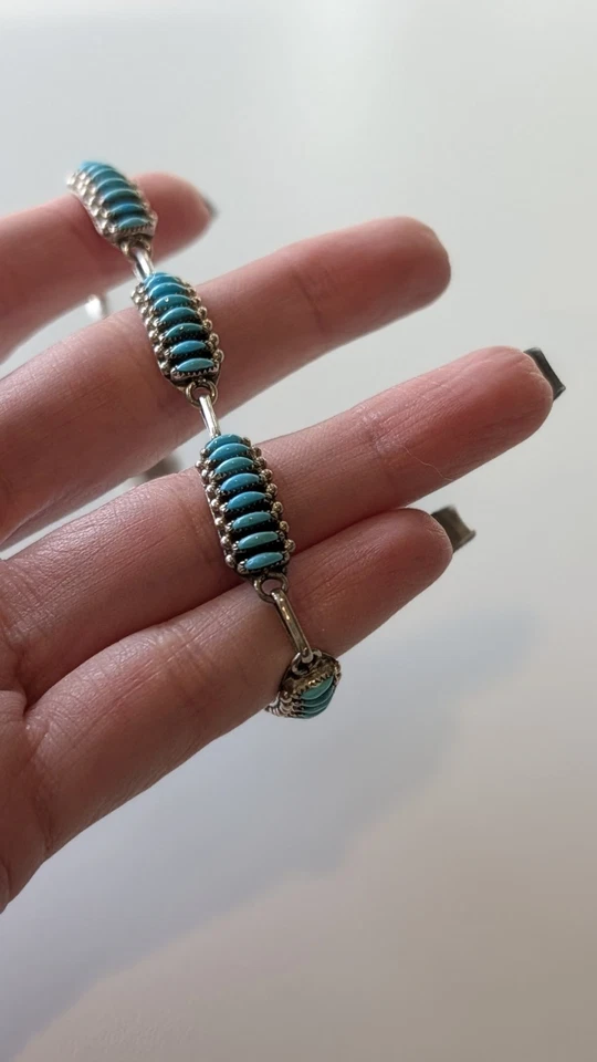 Zuni J.H. Owaleon sterling needlepoint turquoise link bracelet 7¾" 12g vintage - Image 3 of 4