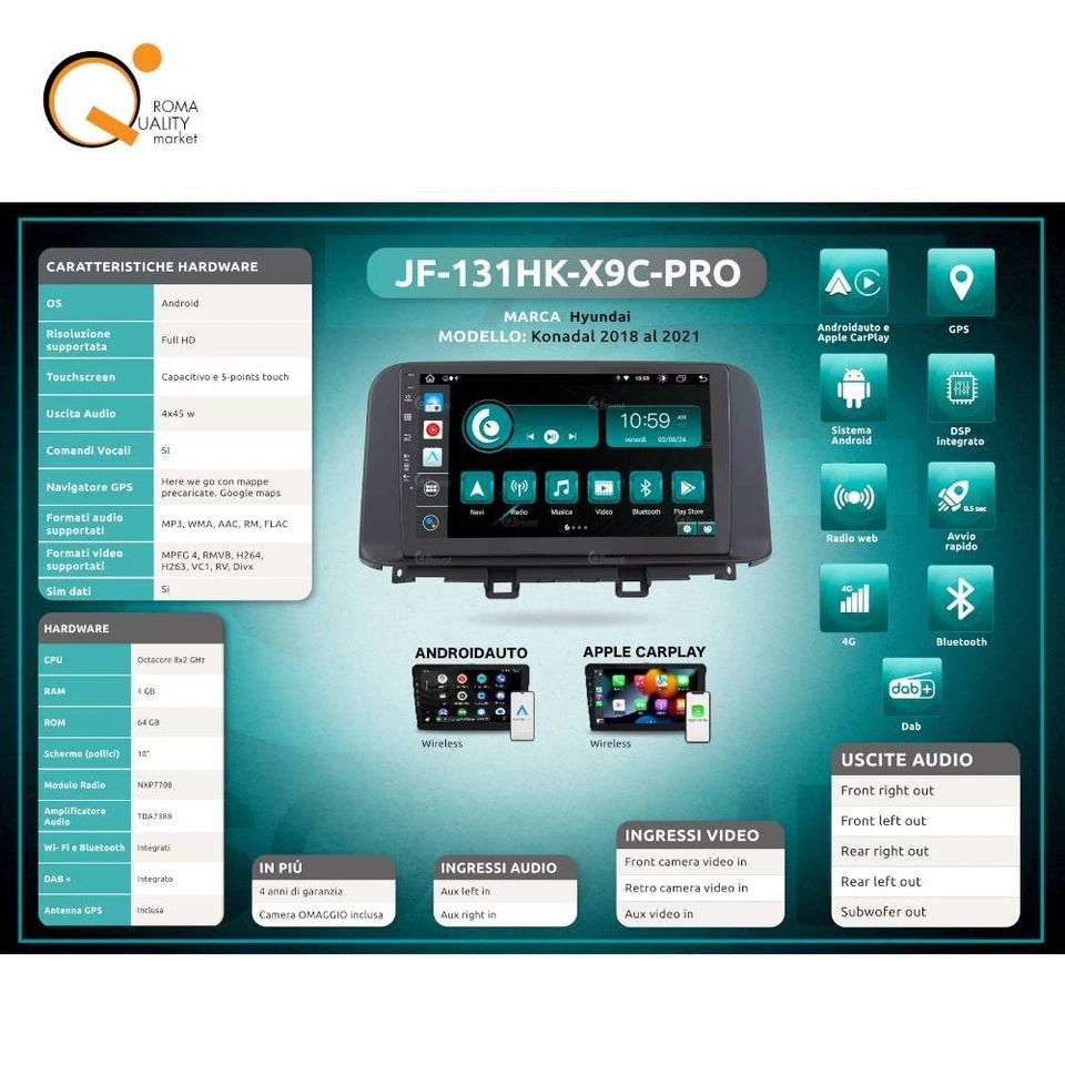 Jfsound JF-131HK-X9C PRO autoradio car tablet 10" fit Hyundai Kona 2018-2021 - Immagine 2 di 4