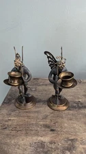 2 Petites Choses Winged Flying Monkey Candle Holders Pewter Brass Comedy Tragedy