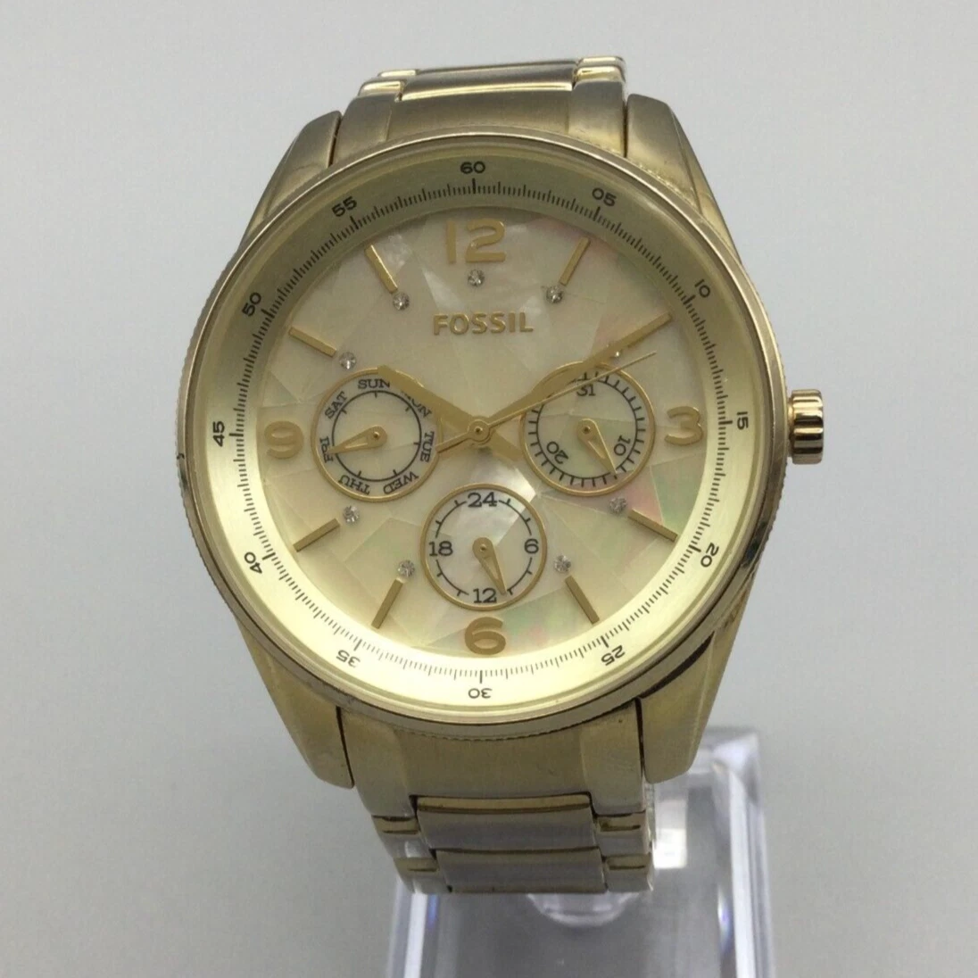 Fossil Watch Unisex 40mm Gold Tone Round MOP Dial Day Date New Battery 6.5