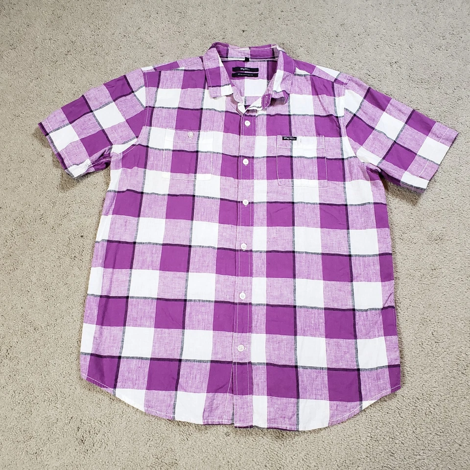 Camisa LRG Para Hombres XL Púrpura Cuadros Lino Elevada Grupo de Investigación Playa Viaje Costero Foto 2 de 4