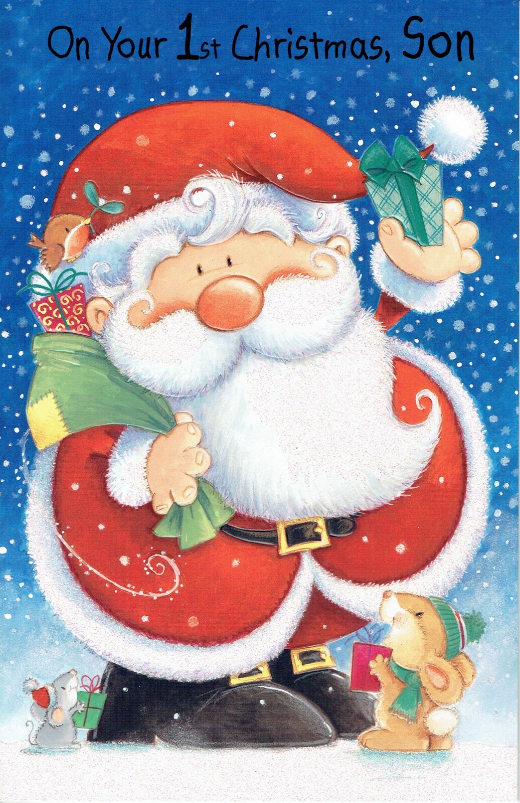 SON 1ST CHRISTMAS CARD, Quality EX LARGE Card - Cute Santa and Mouse Design