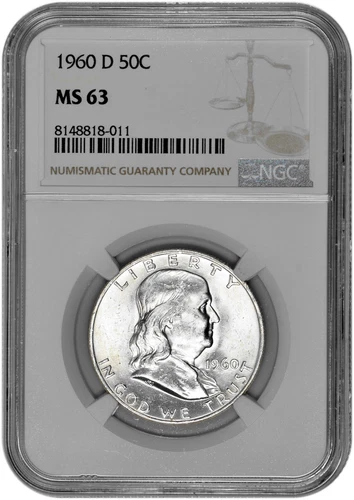 1960 D 50C Silver Franklin Half Dollar NGC MS 63 with New Holder