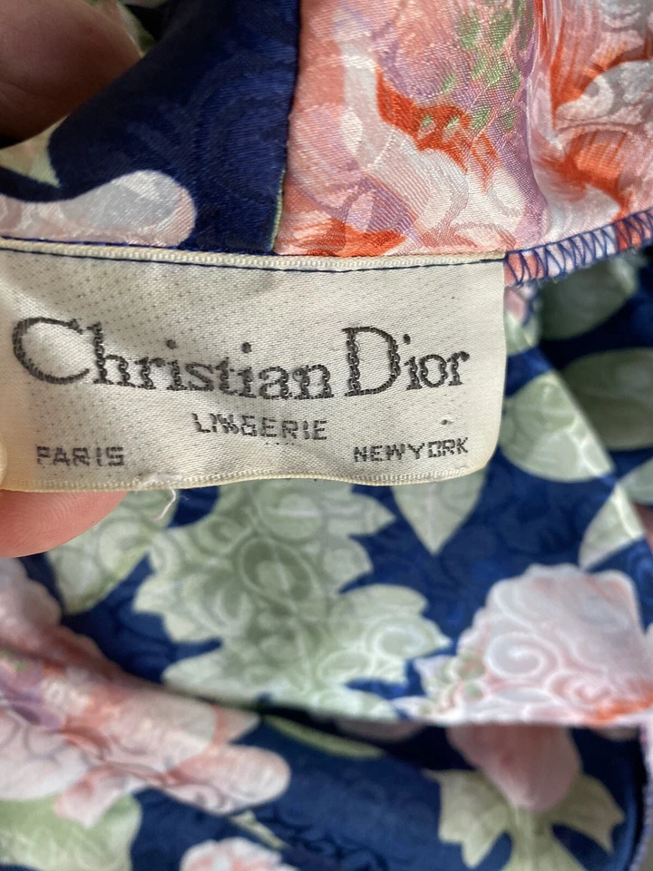 Винтажный Christian Dior халат Y2K 90-х цветочный атласный подпоясанный карманы M темно-синий - Изображение 4 из 4